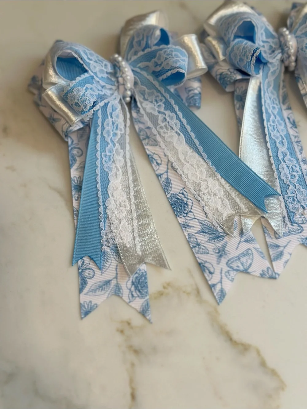 Equestrian Show Bows Shabby Chic Blue with Lace & Pearl Accent